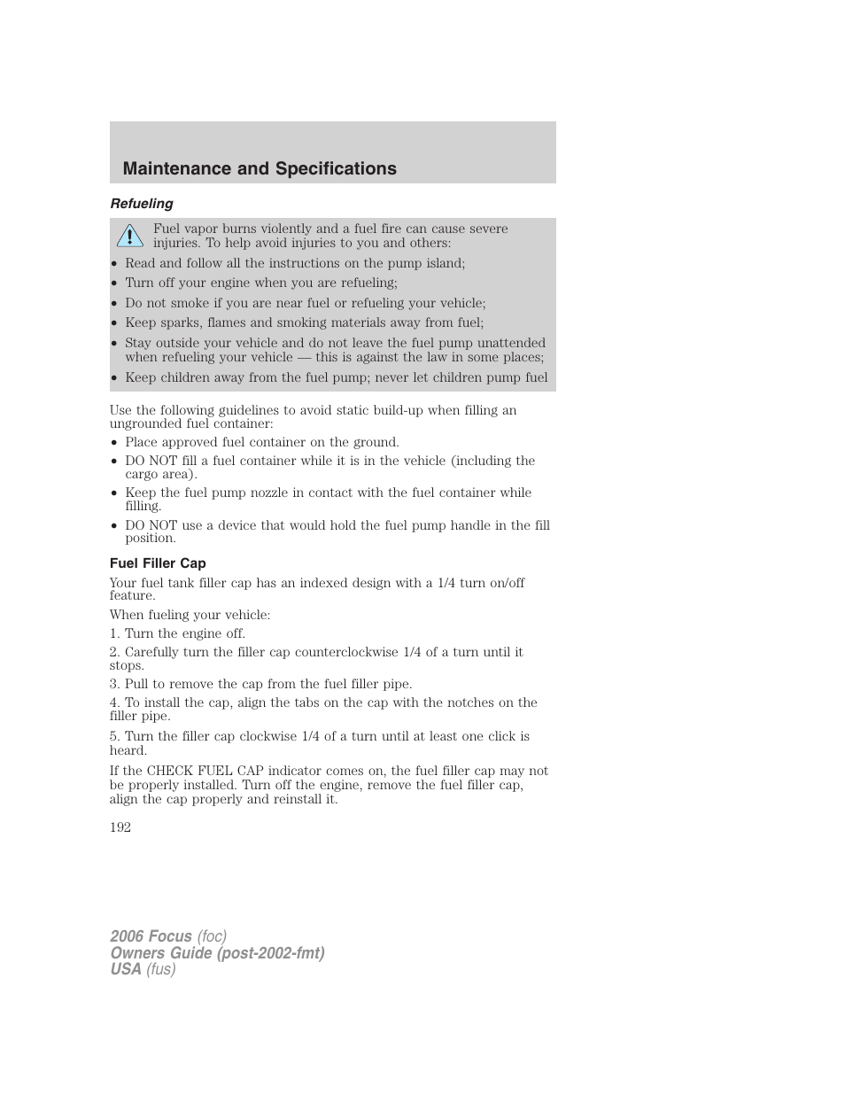 Refueling, Fuel filler cap, Maintenance and specifications | FORD 2006 Focus v.1 User Manual | Page 192 / 224