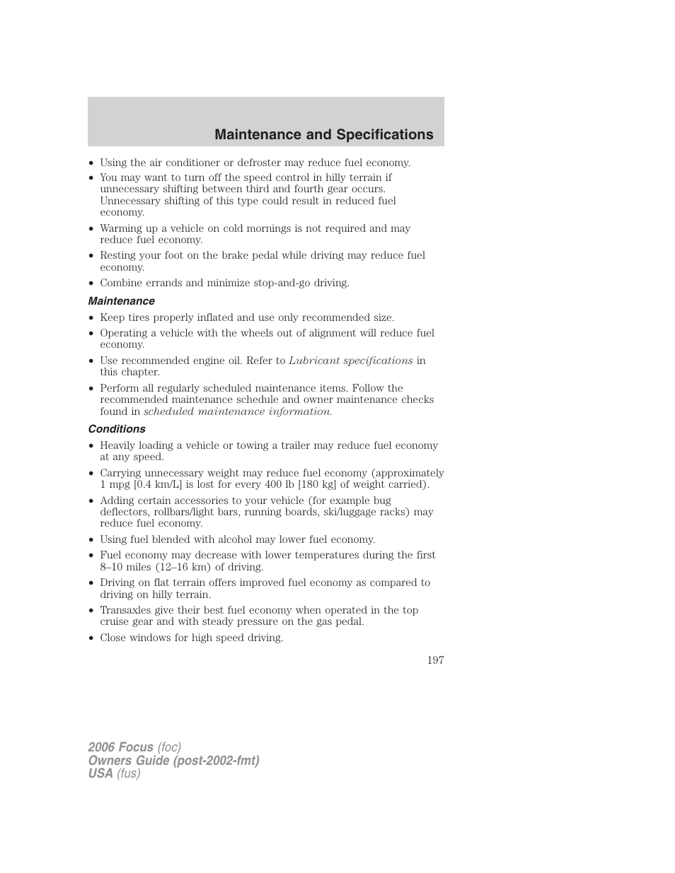 Maintenance, Conditions, Maintenance and specifications | FORD 2006 Focus v.1 User Manual | Page 197 / 224