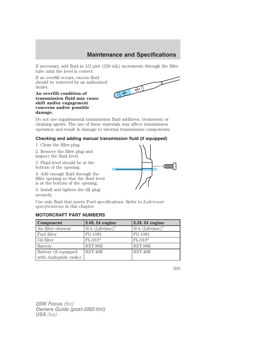 Motorcraft part numbers, Part numbers, Maintenance and specifications | FORD 2006 Focus v.1 User Manual | Page 203 / 224