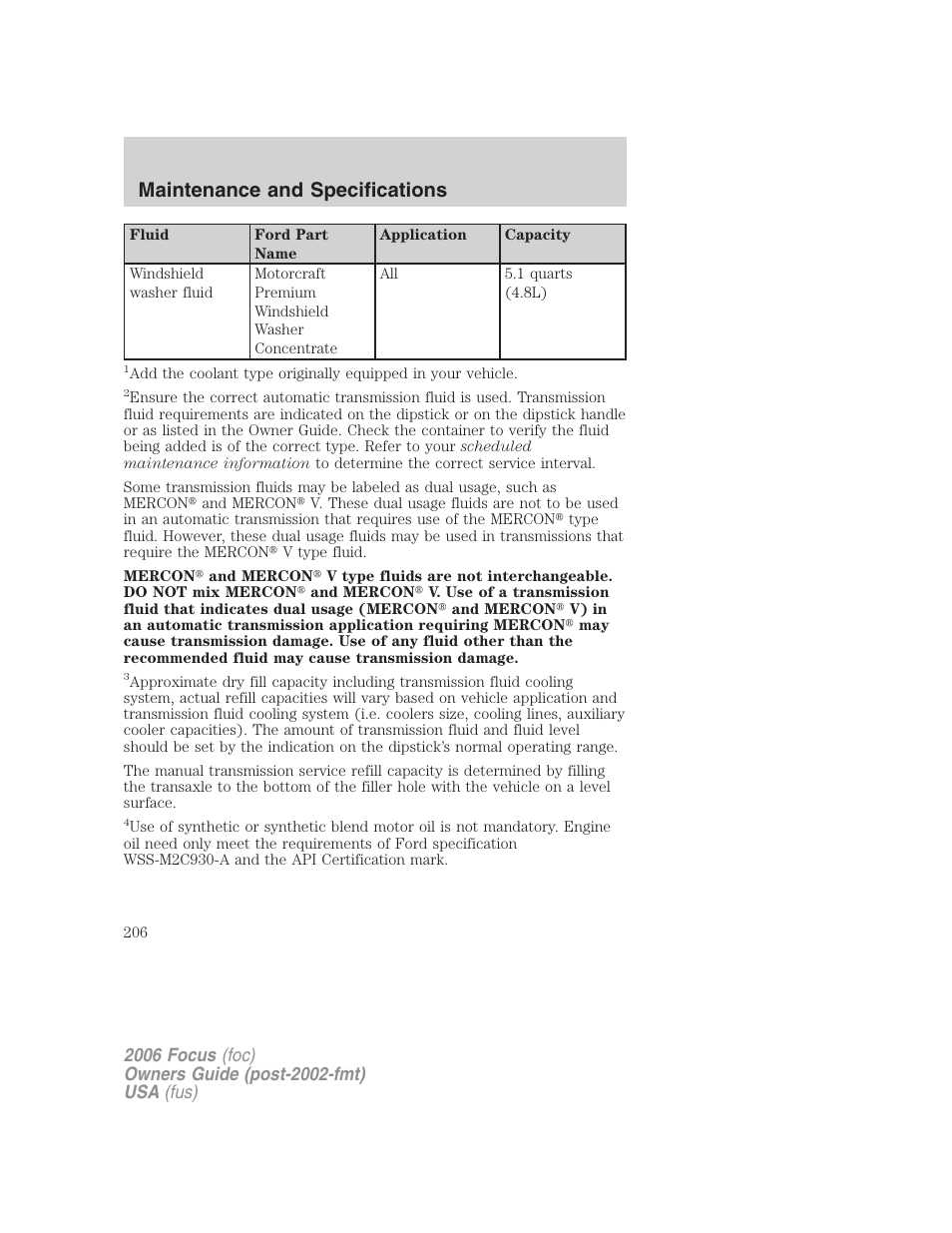 Maintenance and specifications | FORD 2006 Focus v.1 User Manual | Page 206 / 224