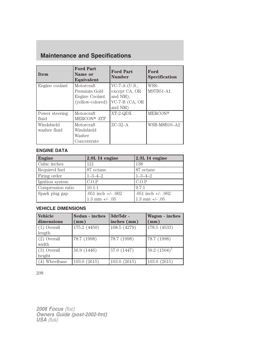 Engine data, Vehicle dimensions, Maintenance and specifications | FORD 2006 Focus v.1 User Manual | Page 208 / 224