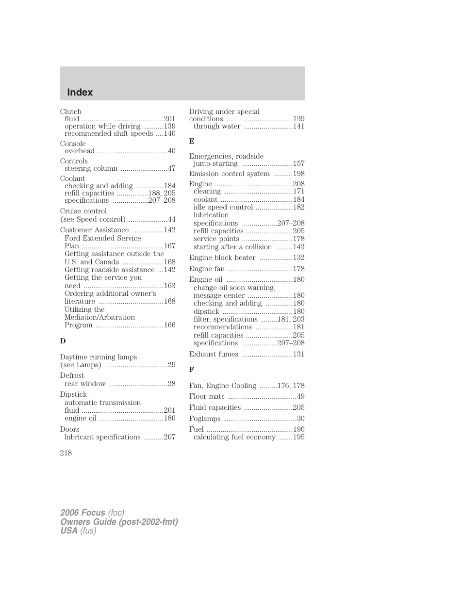 Index | FORD 2006 Focus v.1 User Manual | Page 218 / 224