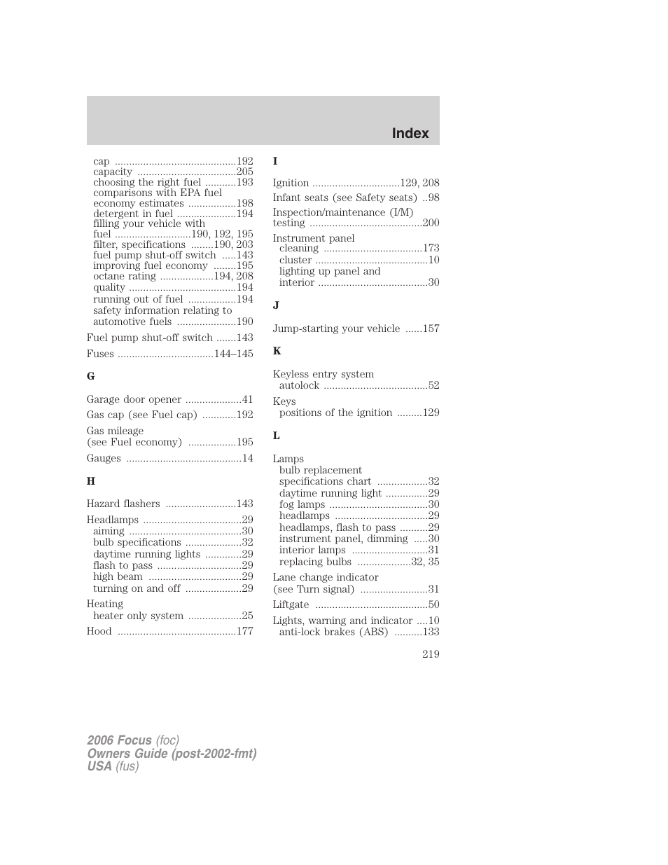 Index | FORD 2006 Focus v.1 User Manual | Page 219 / 224