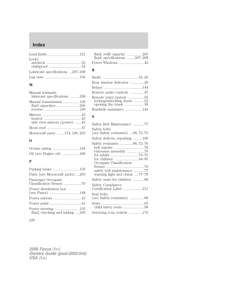 Index | FORD 2006 Focus v.1 User Manual | Page 220 / 224