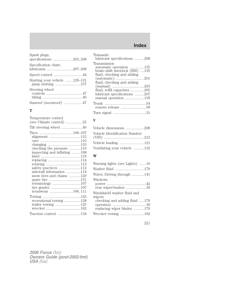 Index | FORD 2006 Focus v.1 User Manual | Page 221 / 224