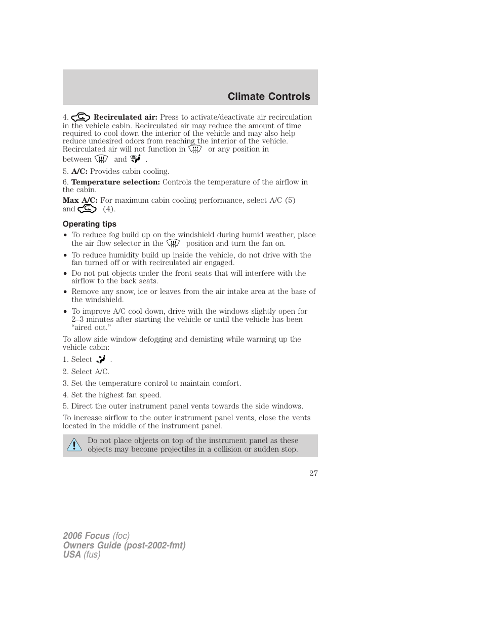 Operating tips, Climate controls | FORD 2006 Focus v.1 User Manual | Page 27 / 224