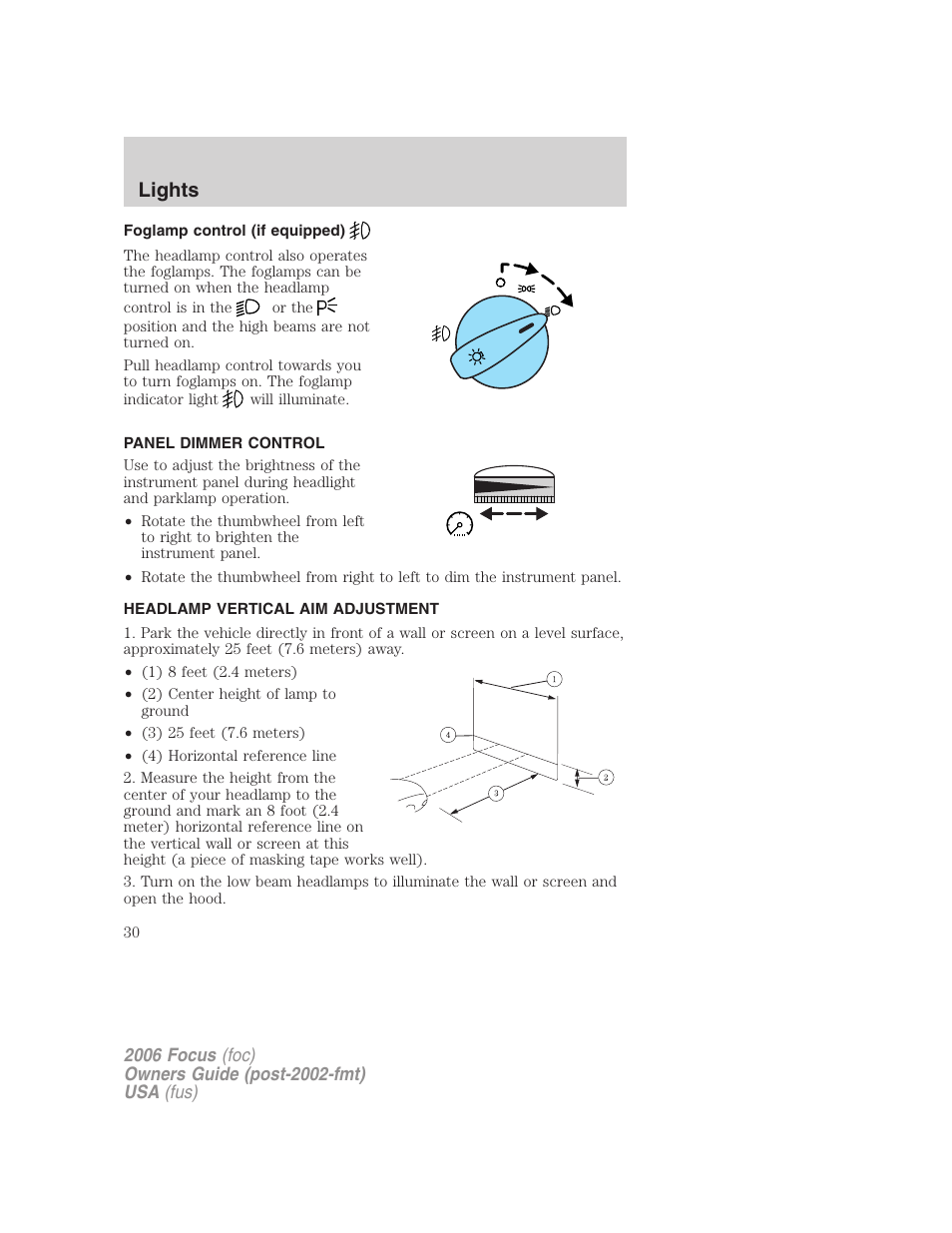 Foglamp control (if equipped), Panel dimmer control, Headlamp vertical aim adjustment | Lights | FORD 2006 Focus v.1 User Manual | Page 30 / 224