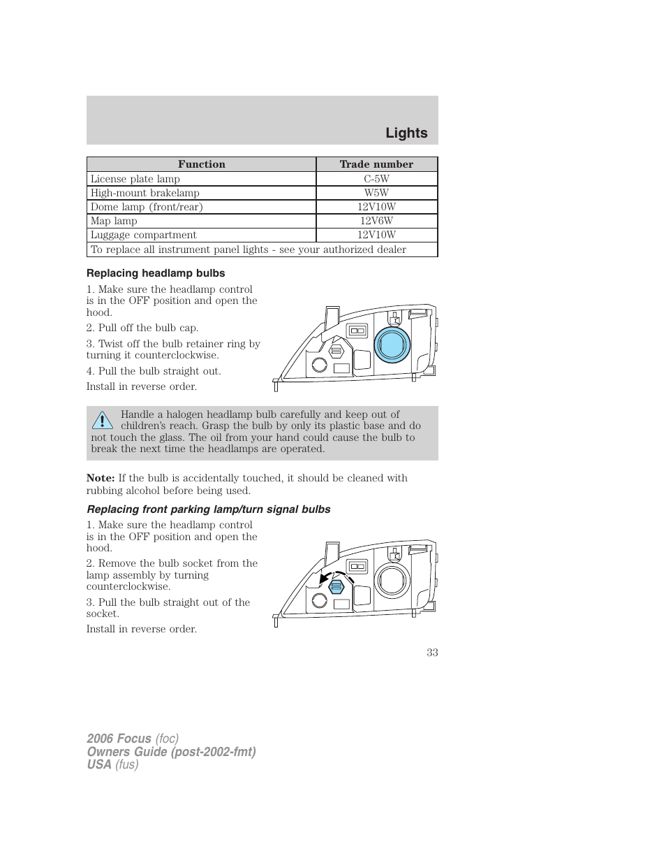 Replacing headlamp bulbs, Replacing front parking lamp/turn signal bulbs, Lights | FORD 2006 Focus v.1 User Manual | Page 33 / 224