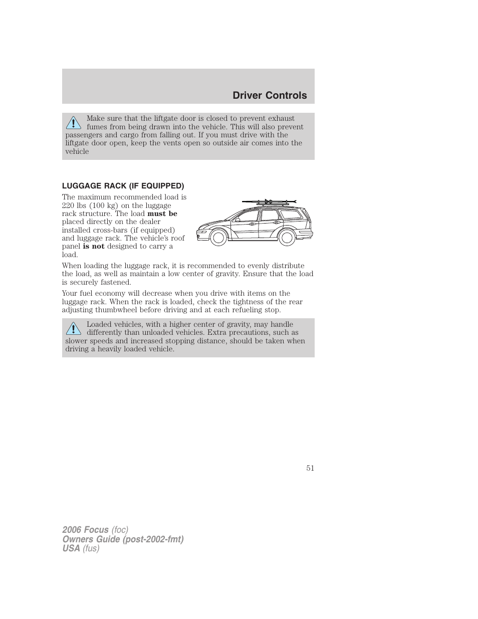 Luggage rack (if equipped), Driver controls | FORD 2006 Focus v.1 User Manual | Page 51 / 224