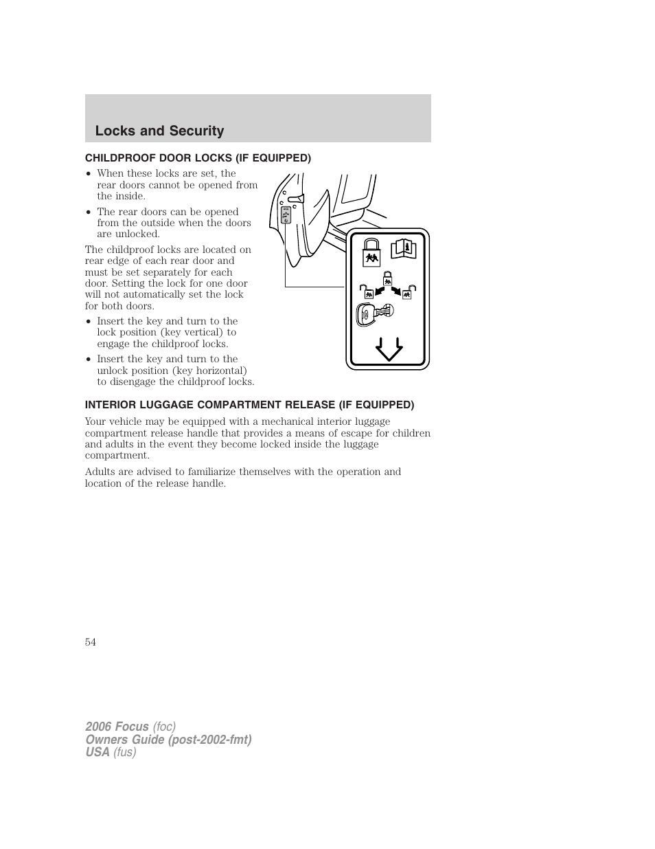 Childproof door locks (if equipped), Interior luggage compartment release (if equipped), Locks and security | FORD 2006 Focus v.1 User Manual | Page 54 / 224