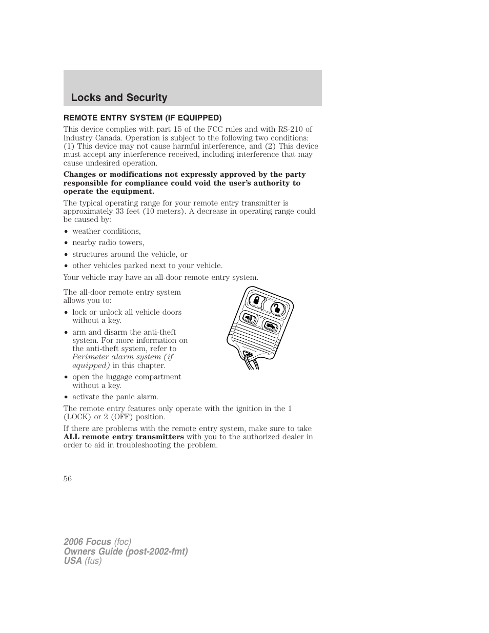 Remote entry system (if equipped), Locks and security | FORD 2006 Focus v.1 User Manual | Page 56 / 224