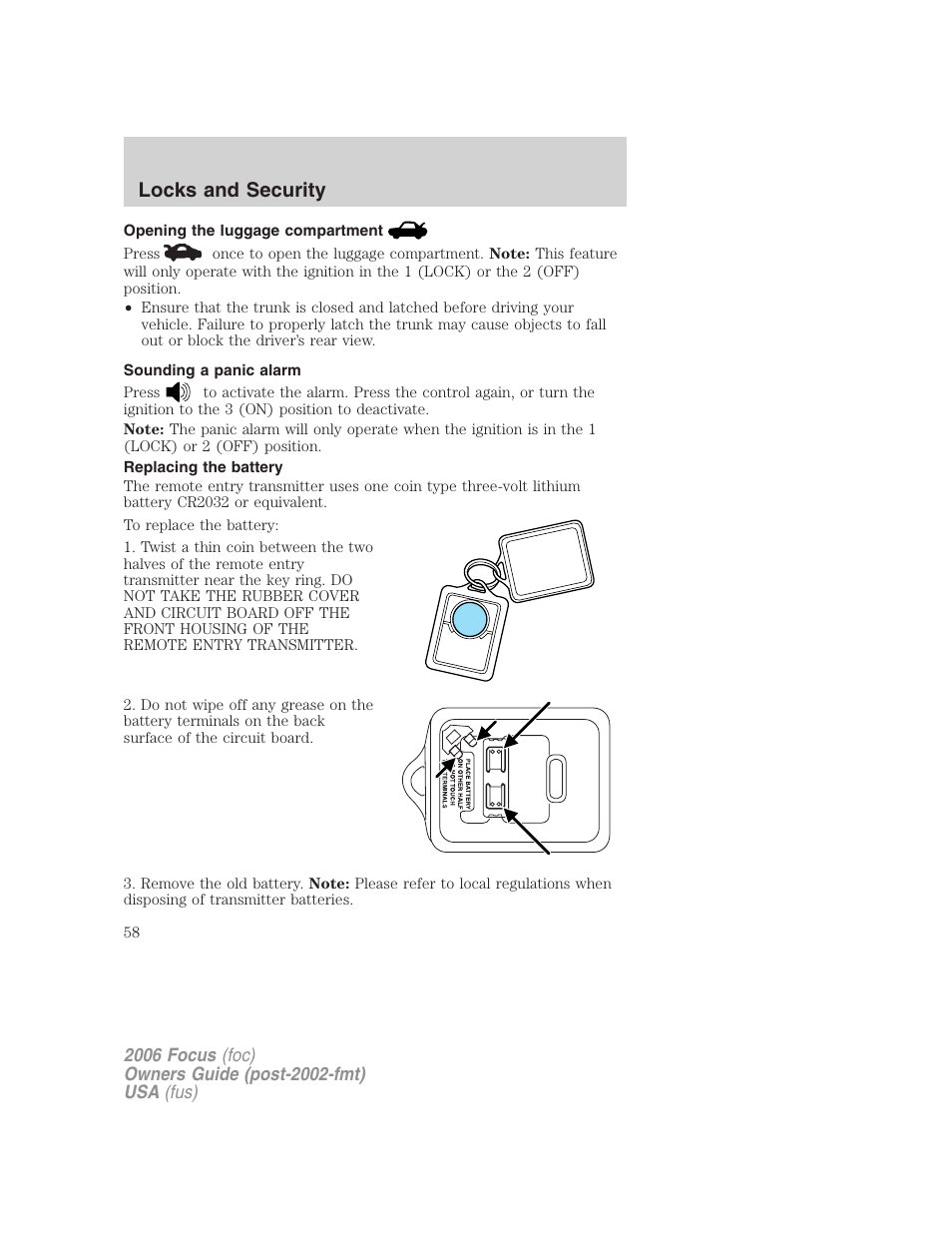 Opening the luggage compartment, Sounding a panic alarm, Replacing the battery | Locks and security | FORD 2006 Focus v.1 User Manual | Page 58 / 224