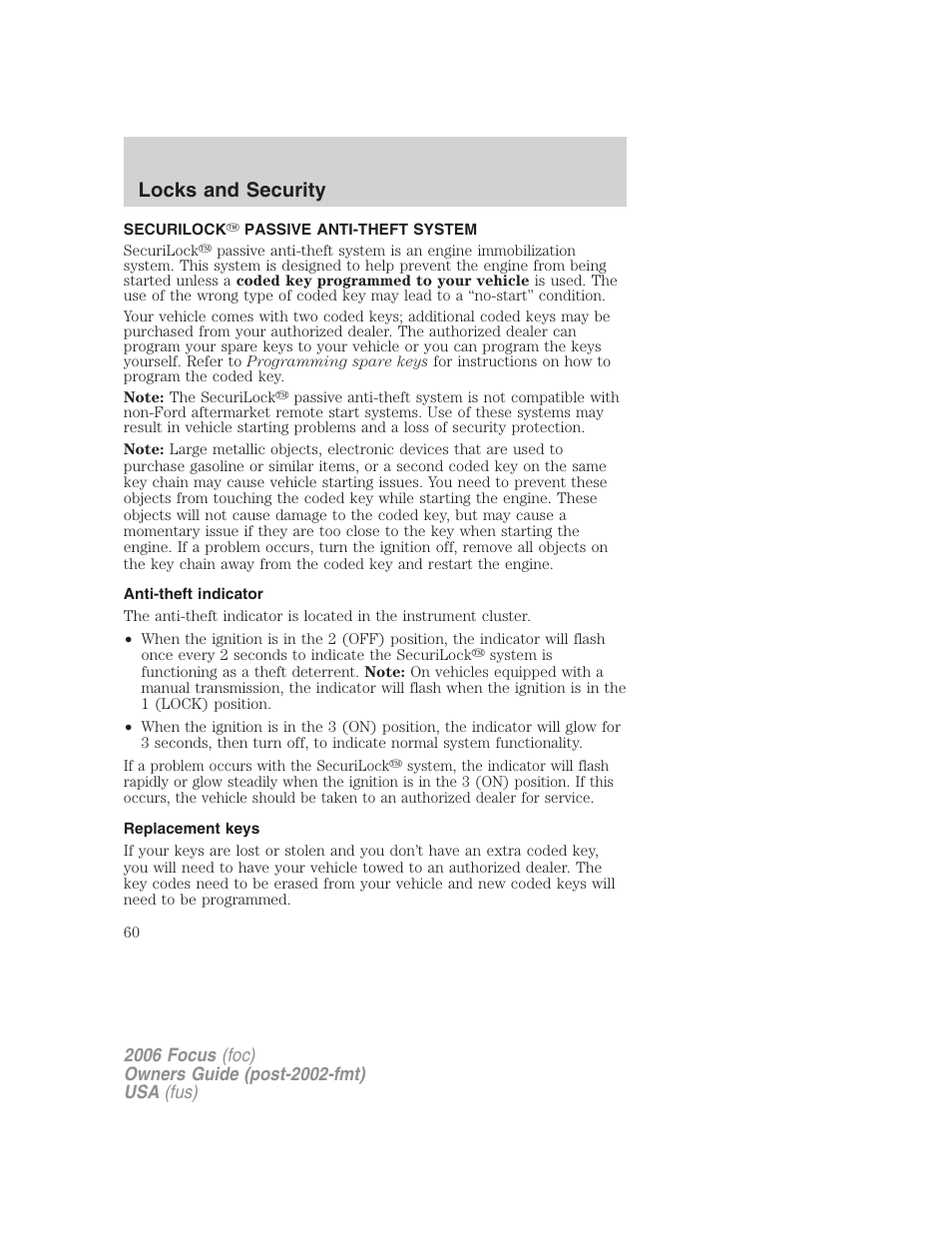 Securilock passive anti-theft system, Anti-theft indicator, Replacement keys | Anti-theft system, Locks and security | FORD 2006 Focus v.1 User Manual | Page 60 / 224