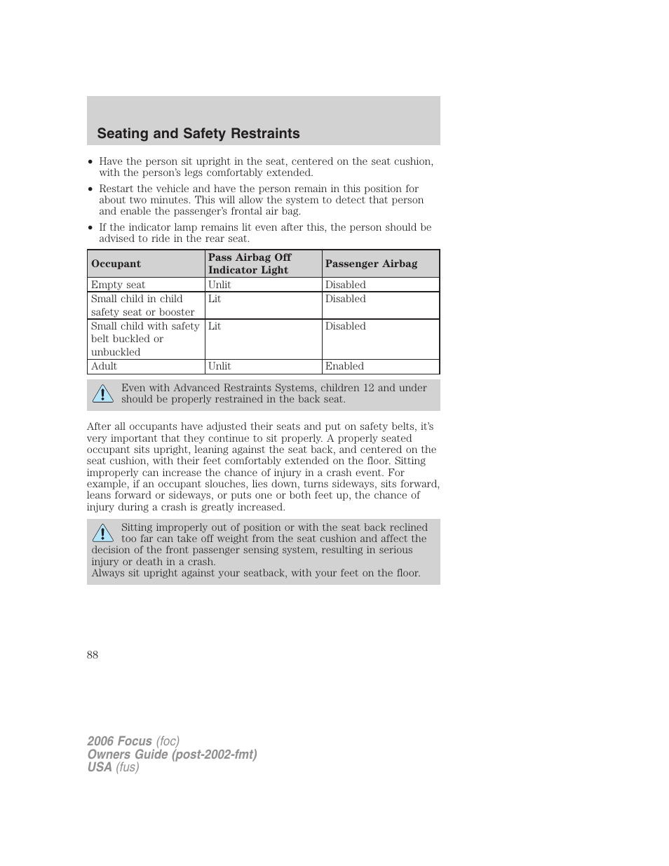 Seating and safety restraints | FORD 2006 Focus v.1 User Manual | Page 88 / 224