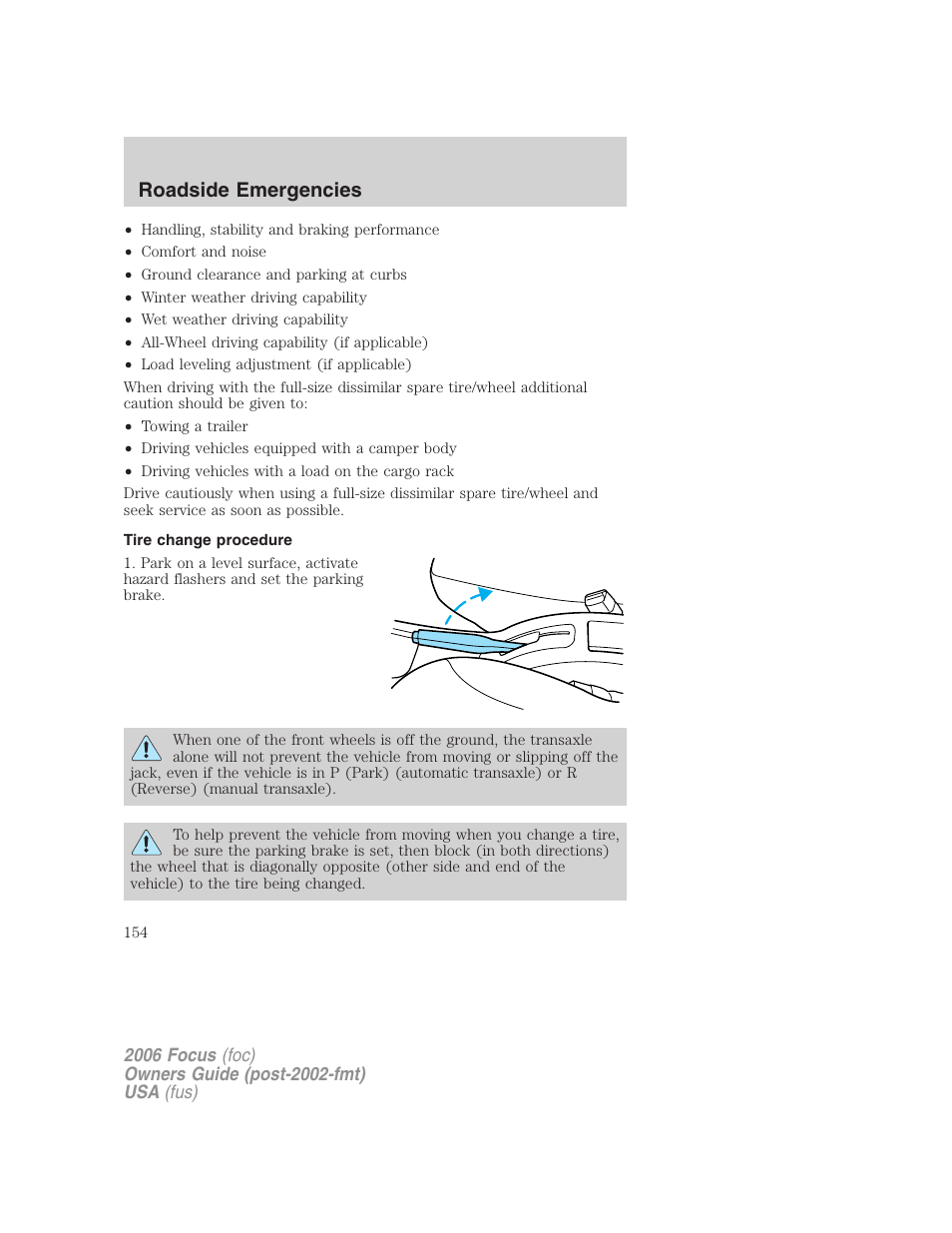 Tire change procedure, Roadside emergencies | FORD 2006 Focus v.2 User Manual | Page 154 / 224