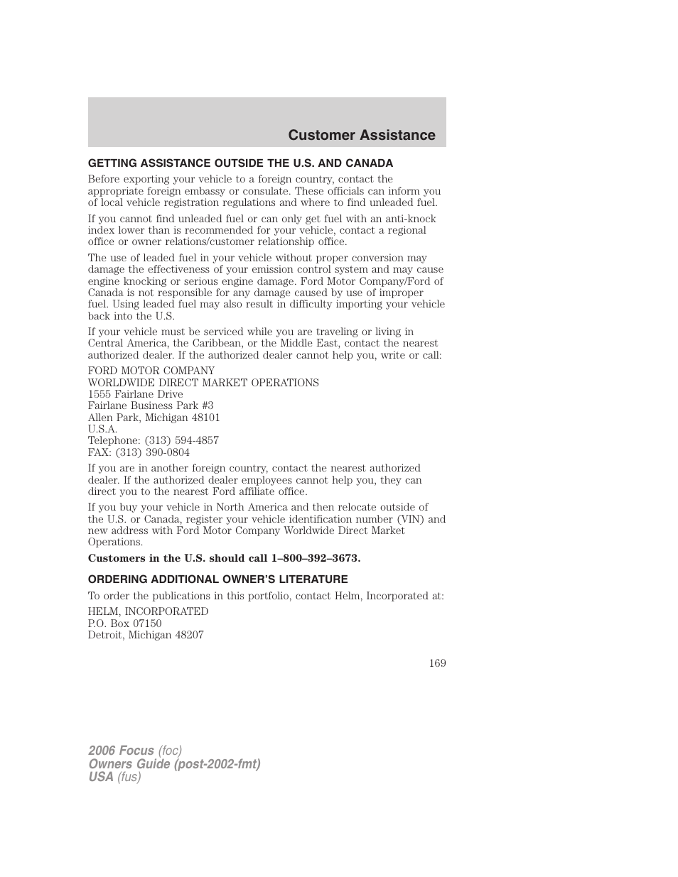 Getting assistance outside the u.s. and canada, Ordering additional owner’s literature, Customer assistance | FORD 2006 Focus v.2 User Manual | Page 169 / 224