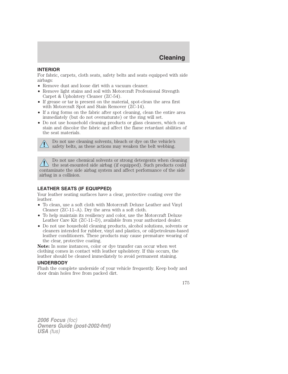 Interior, Leather seats (if equipped), Underbody | Cleaning | FORD 2006 Focus v.2 User Manual | Page 175 / 224