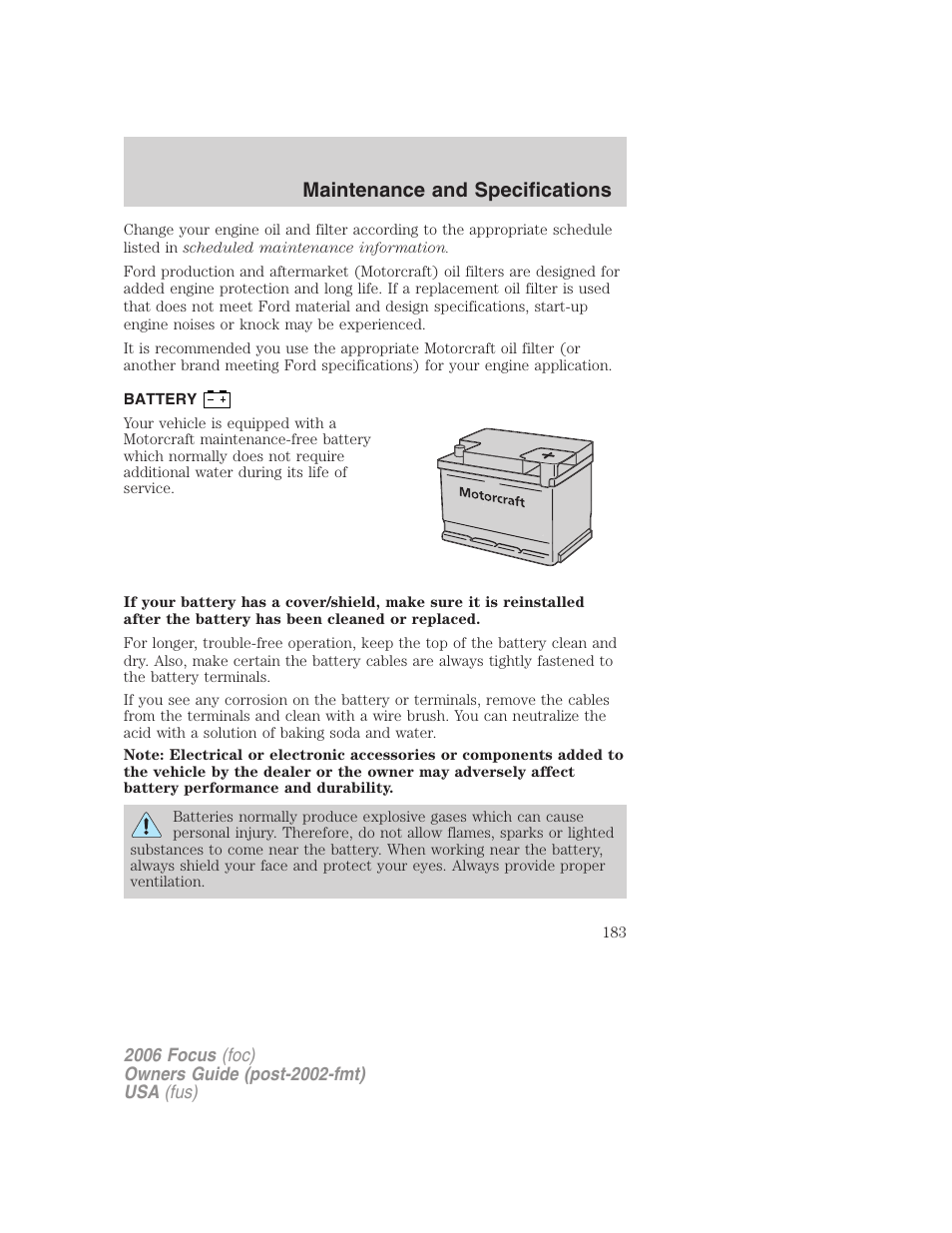 Battery, Maintenance and specifications | FORD 2006 Focus v.2 User Manual | Page 183 / 224