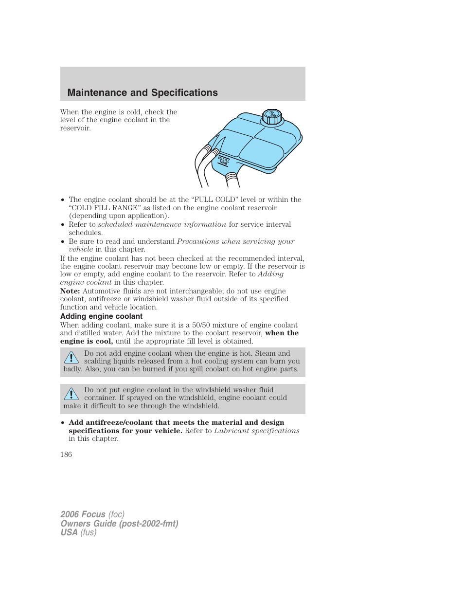 Adding engine coolant, Maintenance and specifications | FORD 2006 Focus v.2 User Manual | Page 186 / 224