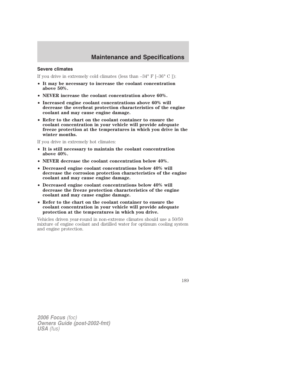 Severe climates, Maintenance and specifications | FORD 2006 Focus v.2 User Manual | Page 189 / 224