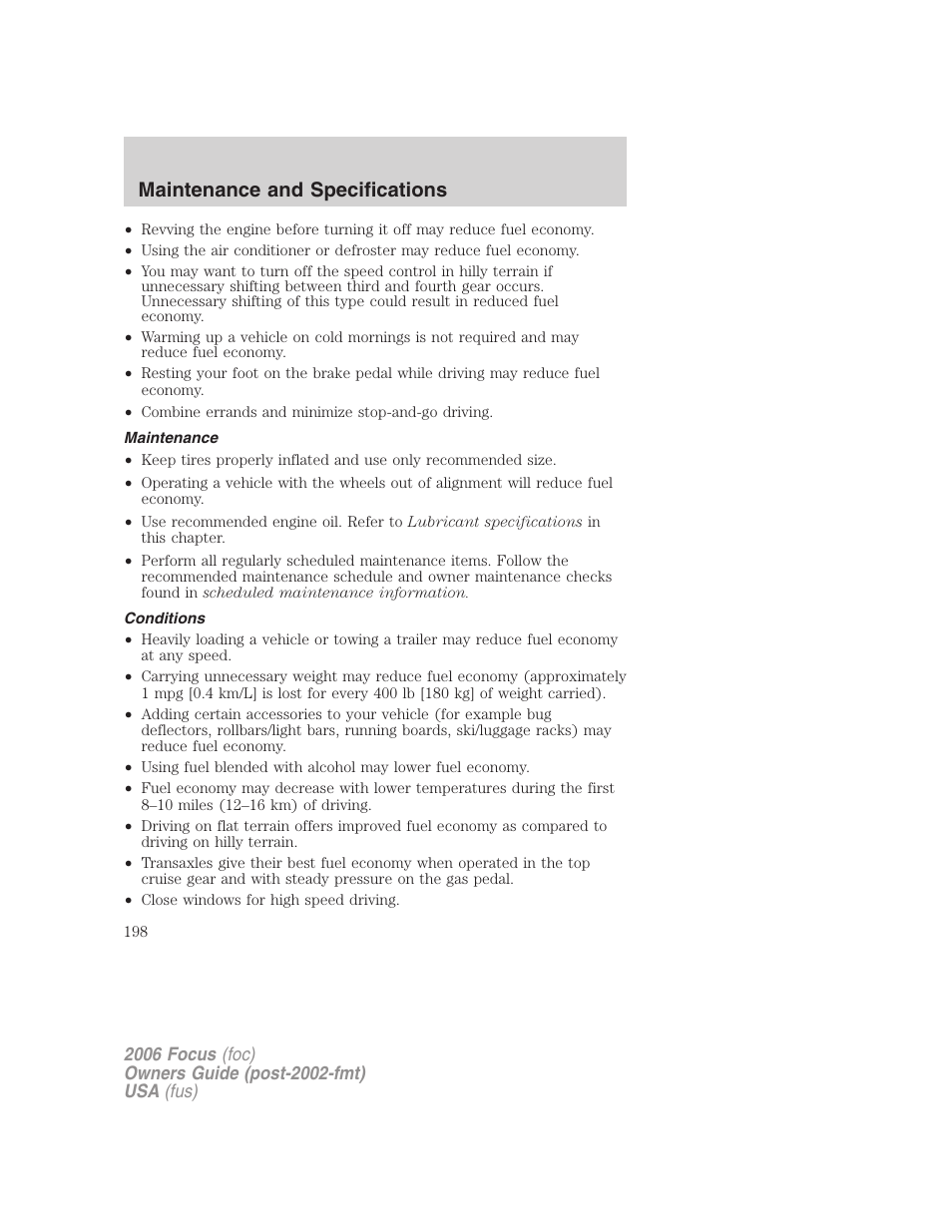 Maintenance, Conditions, Maintenance and specifications | FORD 2006 Focus v.2 User Manual | Page 198 / 224