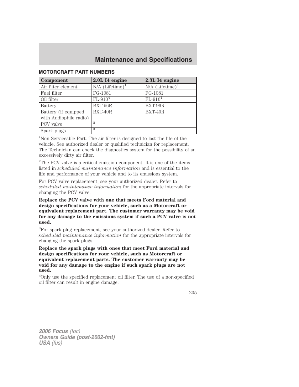 Motorcraft part numbers, Part numbers, Maintenance and specifications | FORD 2006 Focus v.2 User Manual | Page 205 / 224