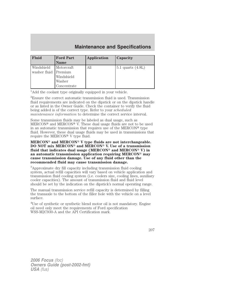 Maintenance and specifications | FORD 2006 Focus v.2 User Manual | Page 207 / 224