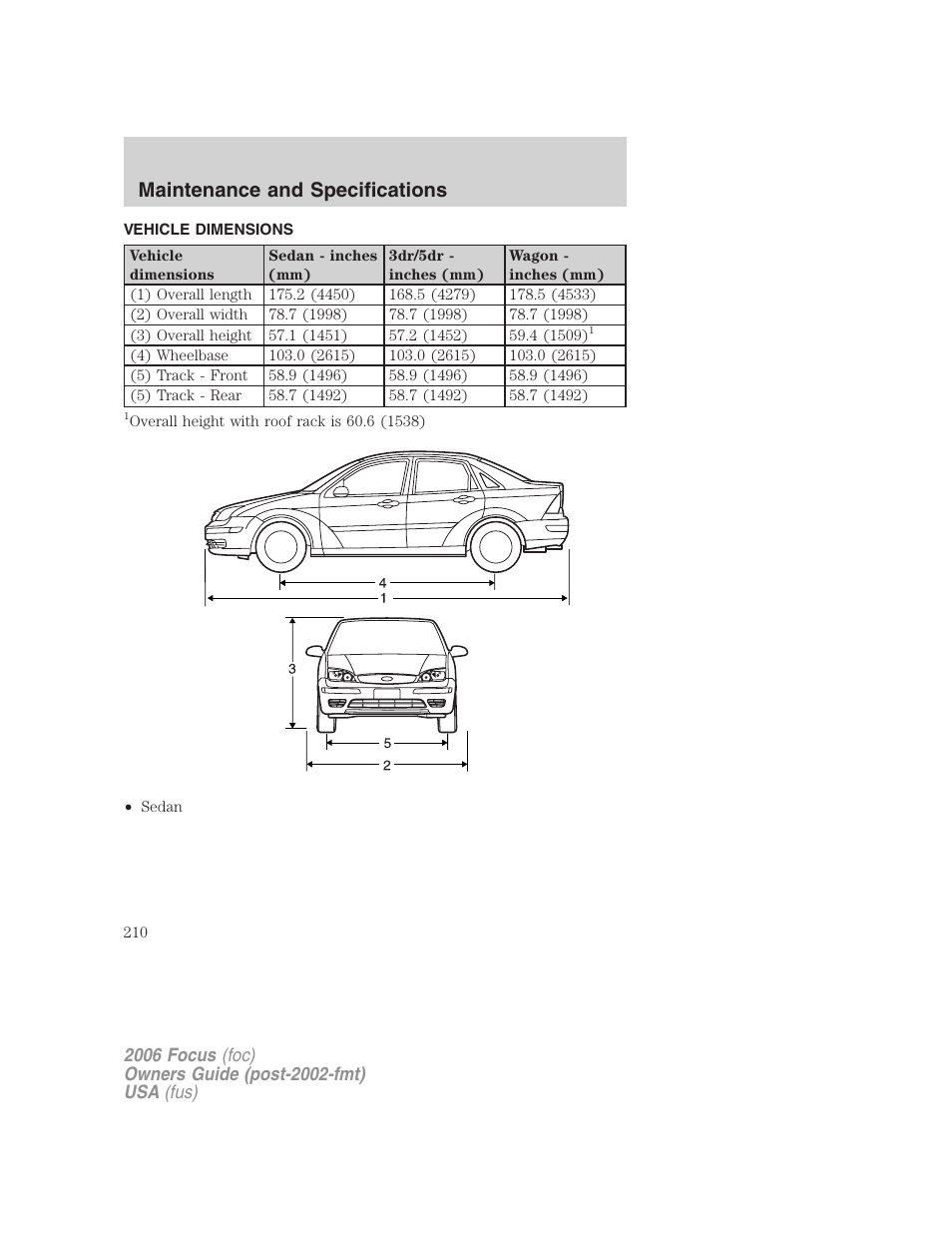 Vehicle dimensions, Maintenance and specifications | FORD 2006 Focus v.2 User Manual | Page 210 / 224