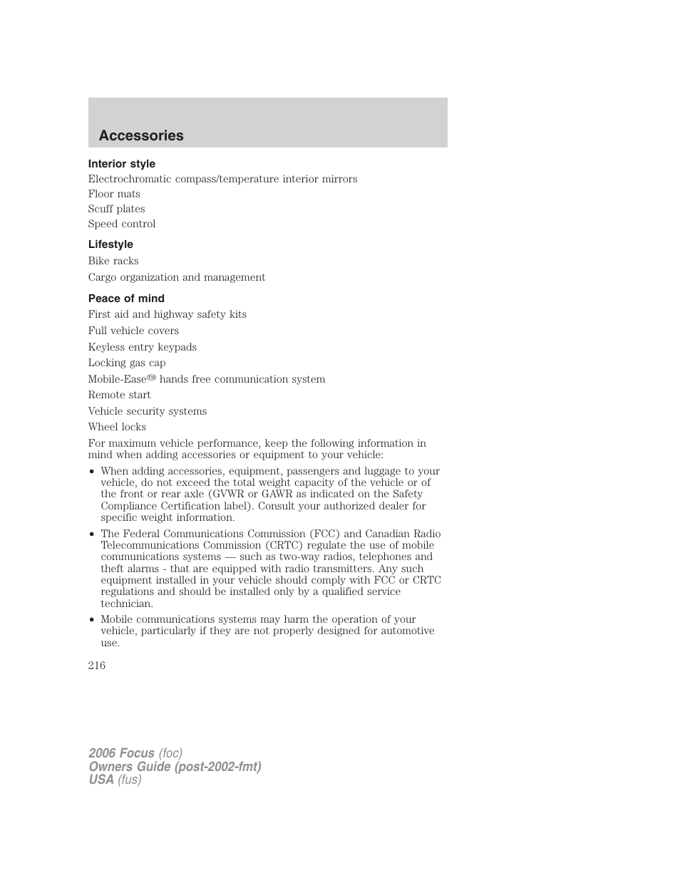 Interior style, Lifestyle, Peace of mind | Accessories | FORD 2006 Focus v.2 User Manual | Page 216 / 224