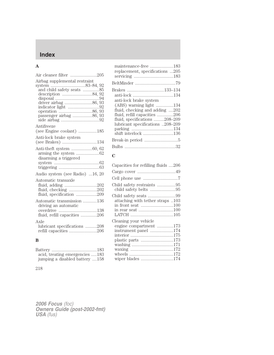 Index | FORD 2006 Focus v.2 User Manual | Page 218 / 224