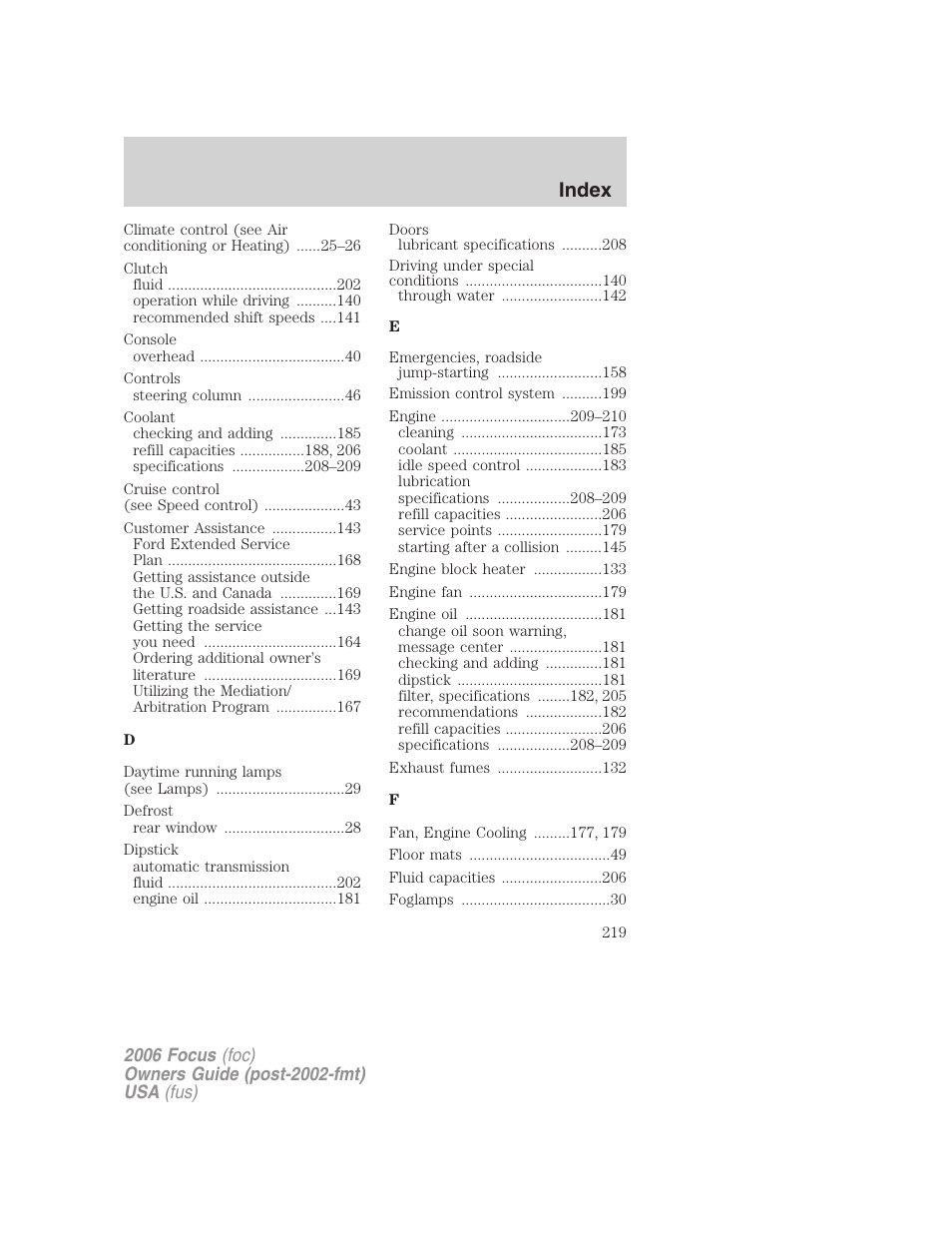 Index | FORD 2006 Focus v.2 User Manual | Page 219 / 224