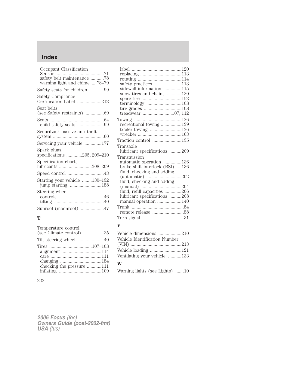 Index | FORD 2006 Focus v.2 User Manual | Page 222 / 224