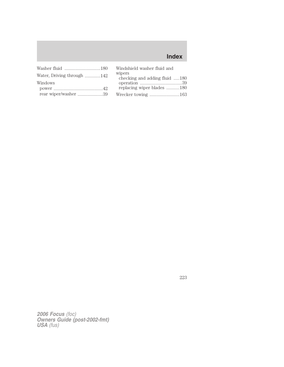Index | FORD 2006 Focus v.2 User Manual | Page 223 / 224