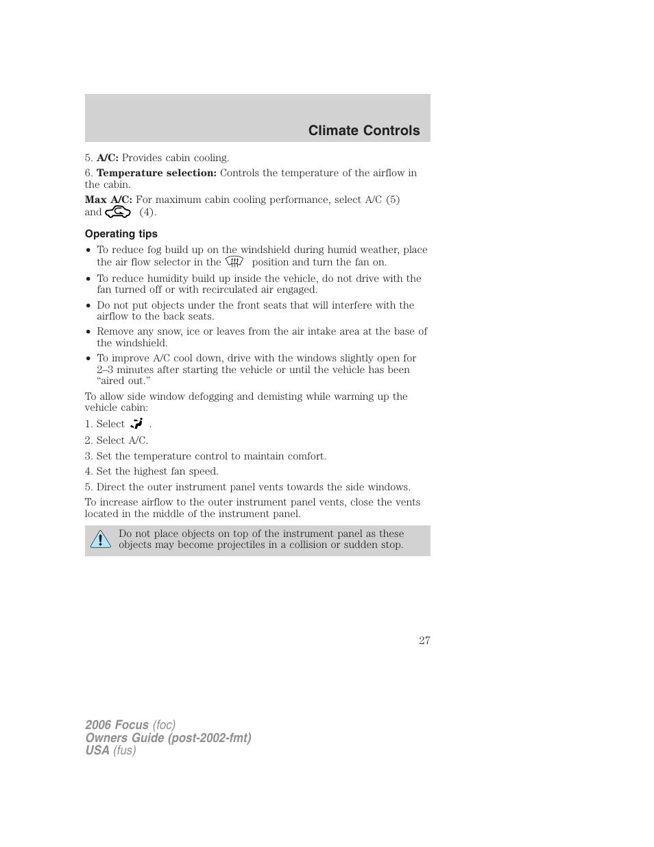 Operating tips, Climate controls | FORD 2006 Focus v.2 User Manual | Page 27 / 224