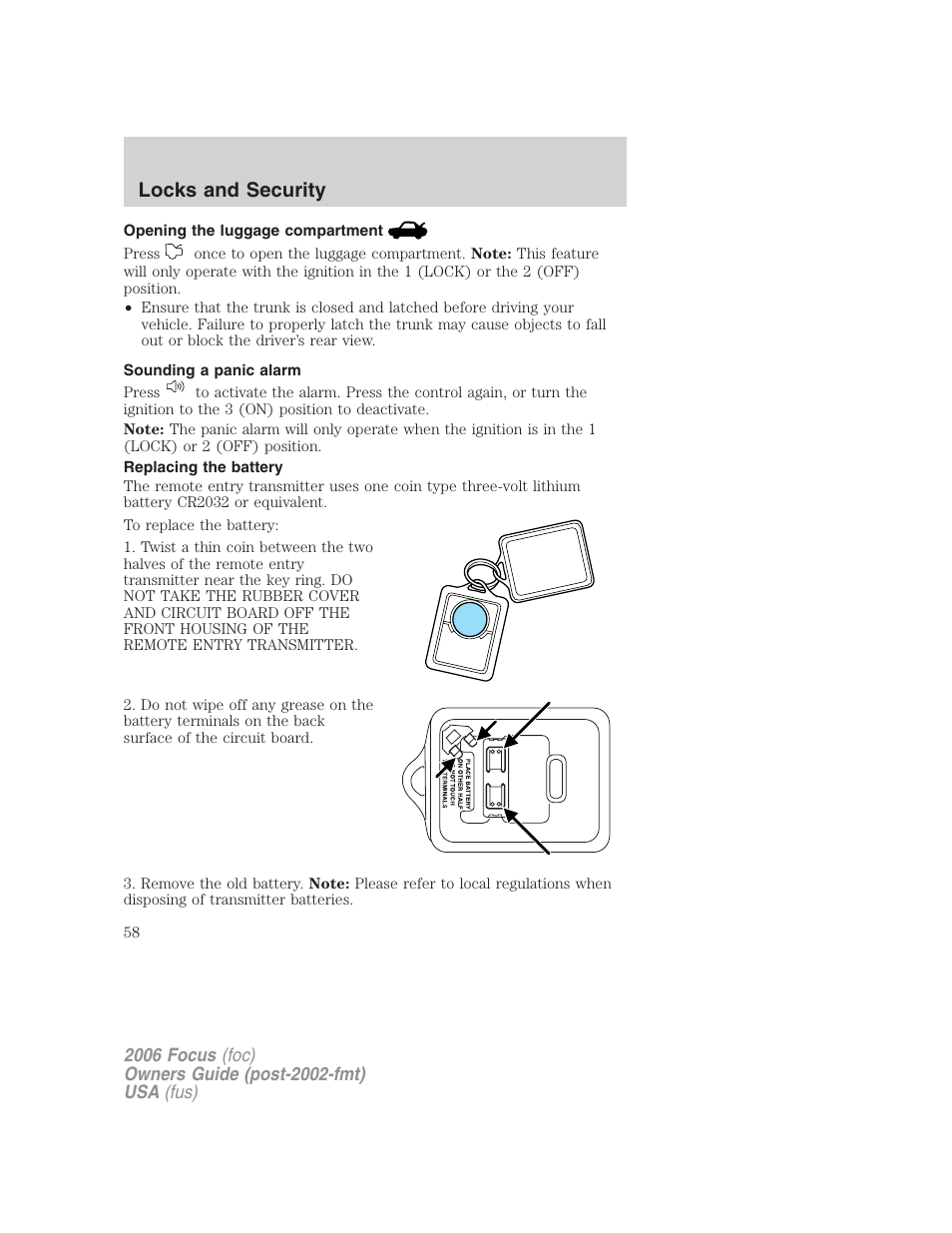 Opening the luggage compartment, Sounding a panic alarm, Replacing the battery | Locks and security | FORD 2006 Focus v.2 User Manual | Page 58 / 224