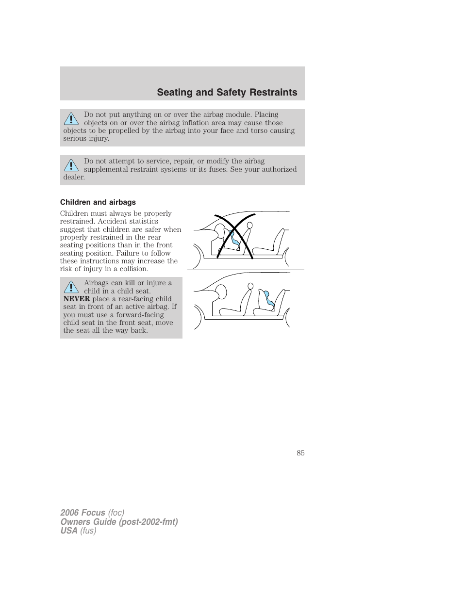 Children and airbags, Seating and safety restraints | FORD 2006 Focus v.2 User Manual | Page 85 / 224