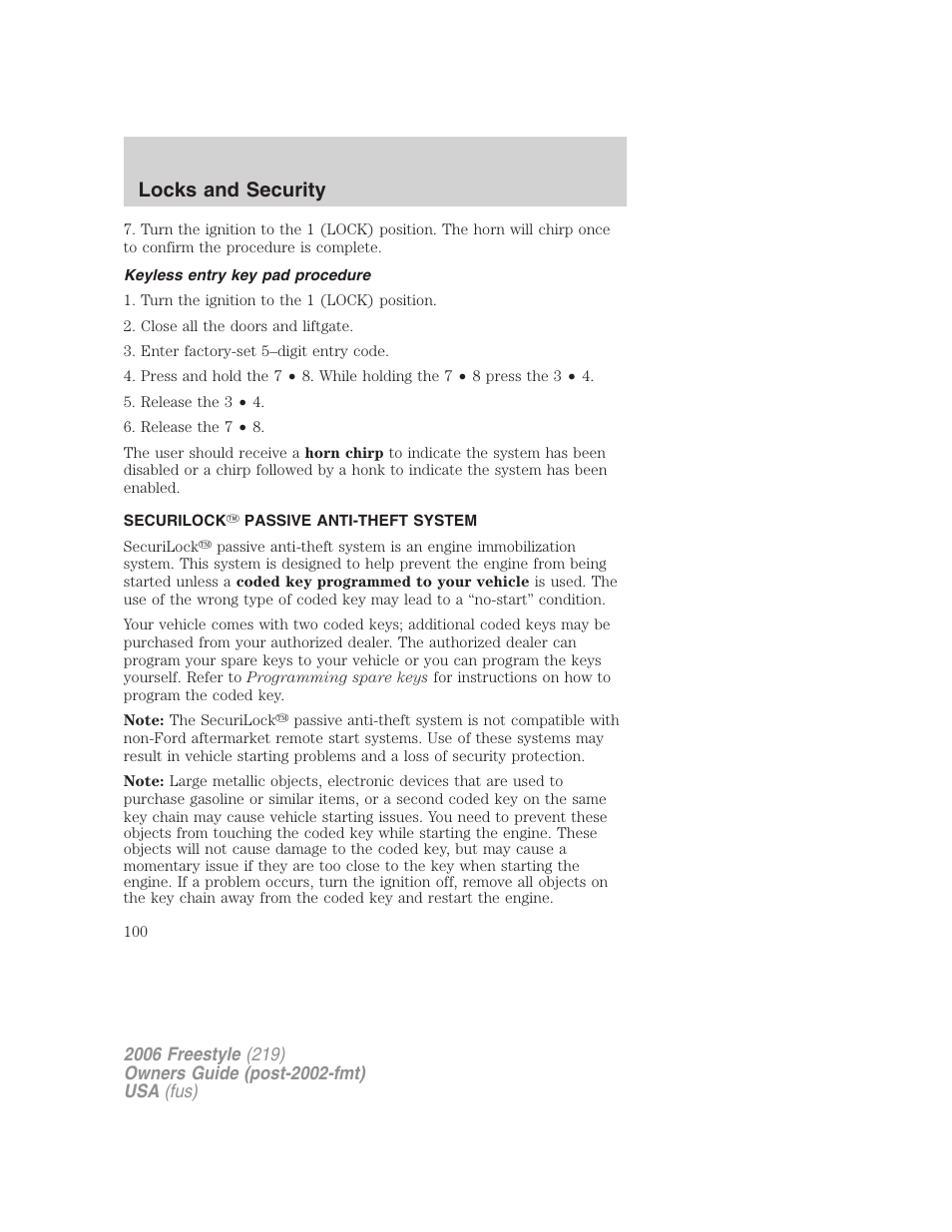 Keyless entry key pad procedure, Securilock passive anti-theft system, Anti-theft system | Locks and security | FORD 2006 Freestyle v.1 User Manual | Page 100 / 288