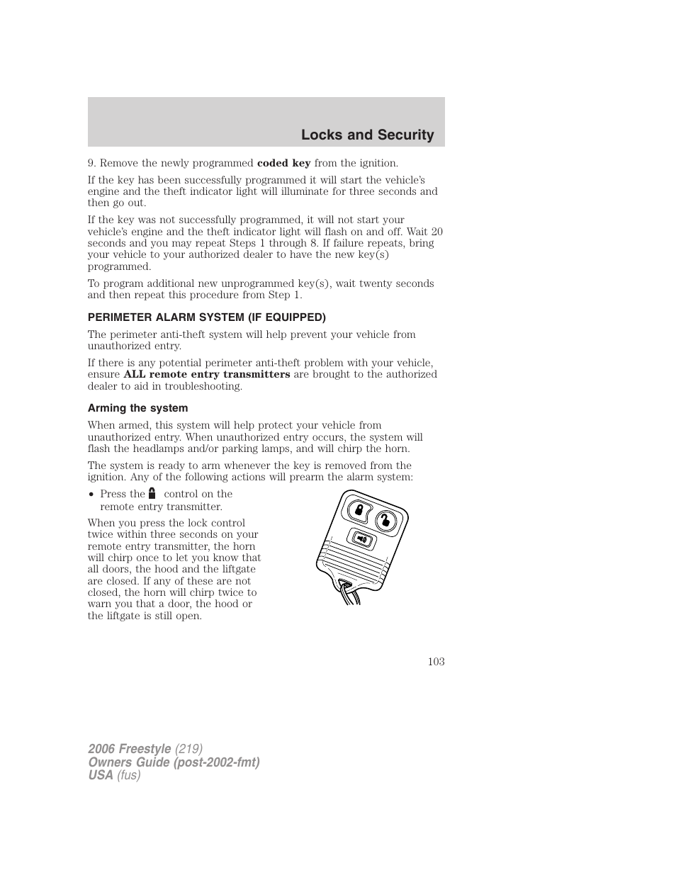 Perimeter alarm system (if equipped), Arming the system, Locks and security | FORD 2006 Freestyle v.1 User Manual | Page 103 / 288