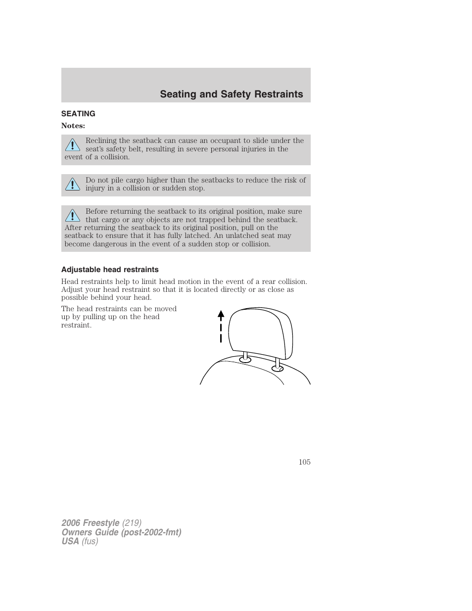 Seating and safety restraints, Seating, Adjustable head restraints | FORD 2006 Freestyle v.1 User Manual | Page 105 / 288
