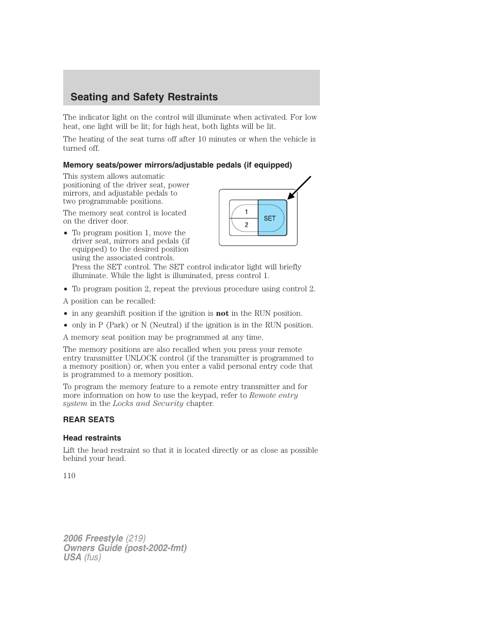 Rear seats, Head restraints, Seating and safety restraints | FORD 2006 Freestyle v.1 User Manual | Page 110 / 288