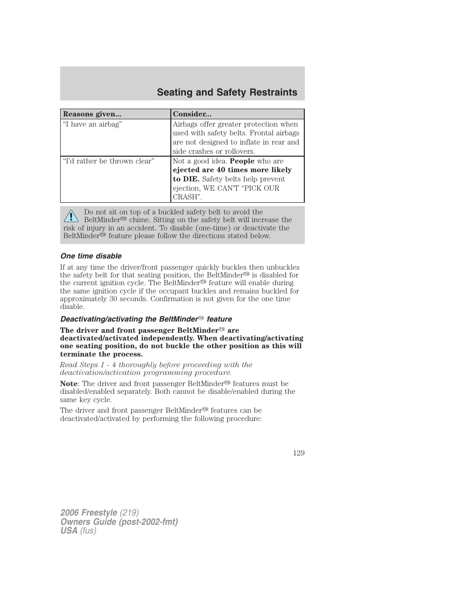 One time disable, Deactivating/activating the beltminder feature, Seating and safety restraints | FORD 2006 Freestyle v.1 User Manual | Page 129 / 288