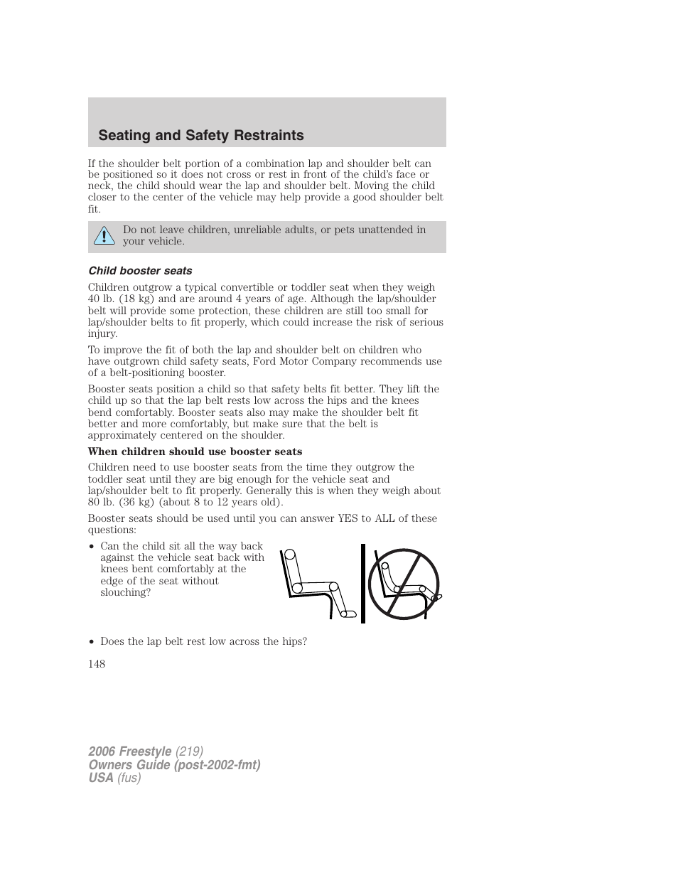 Child booster seats, Seating and safety restraints | FORD 2006 Freestyle v.1 User Manual | Page 148 / 288