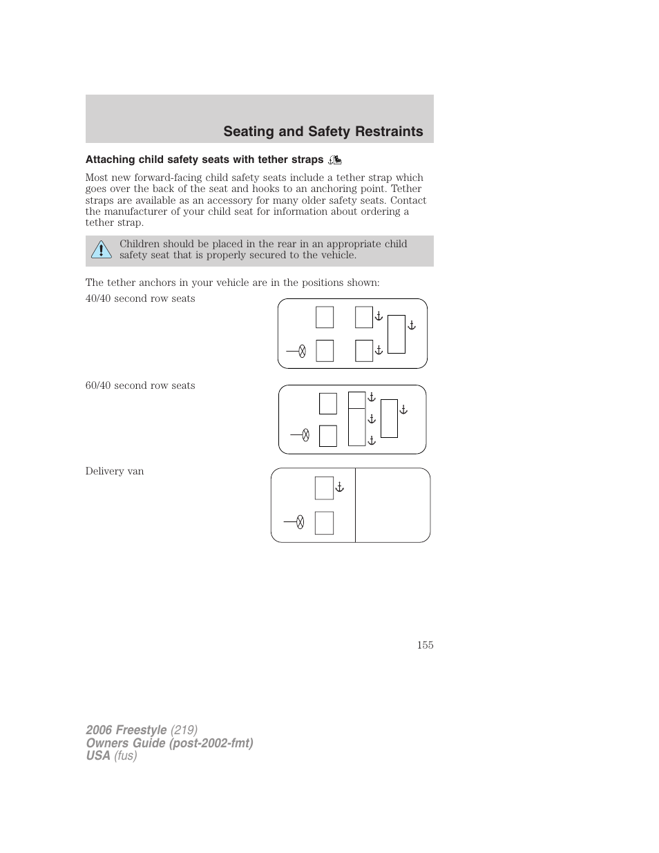 Attaching child safety seats with tether straps, Seating and safety restraints | FORD 2006 Freestyle v.1 User Manual | Page 155 / 288