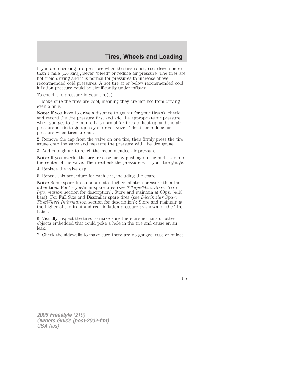 Tires, wheels and loading | FORD 2006 Freestyle v.1 User Manual | Page 165 / 288