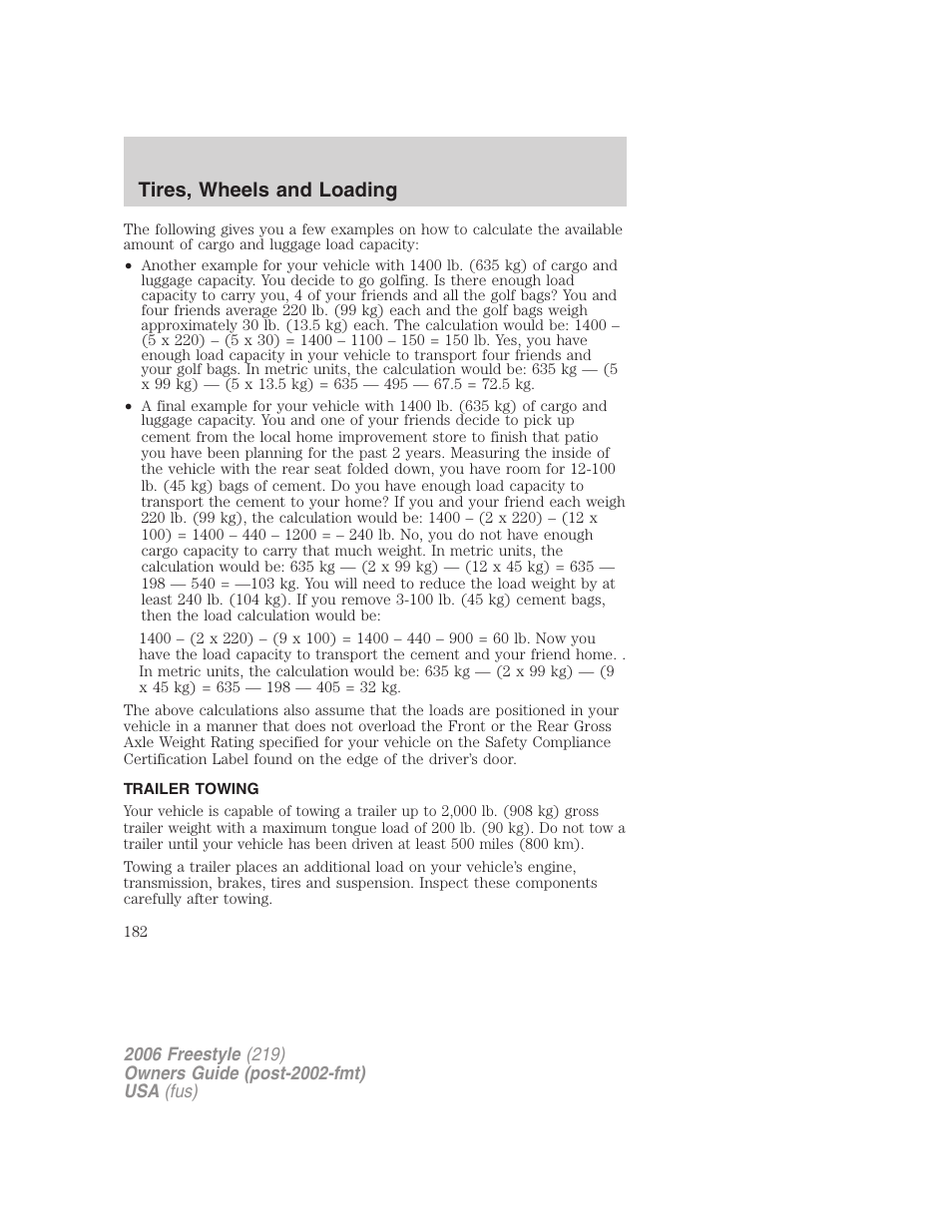 Trailer towing, Tires, wheels and loading | FORD 2006 Freestyle v.1 User Manual | Page 182 / 288