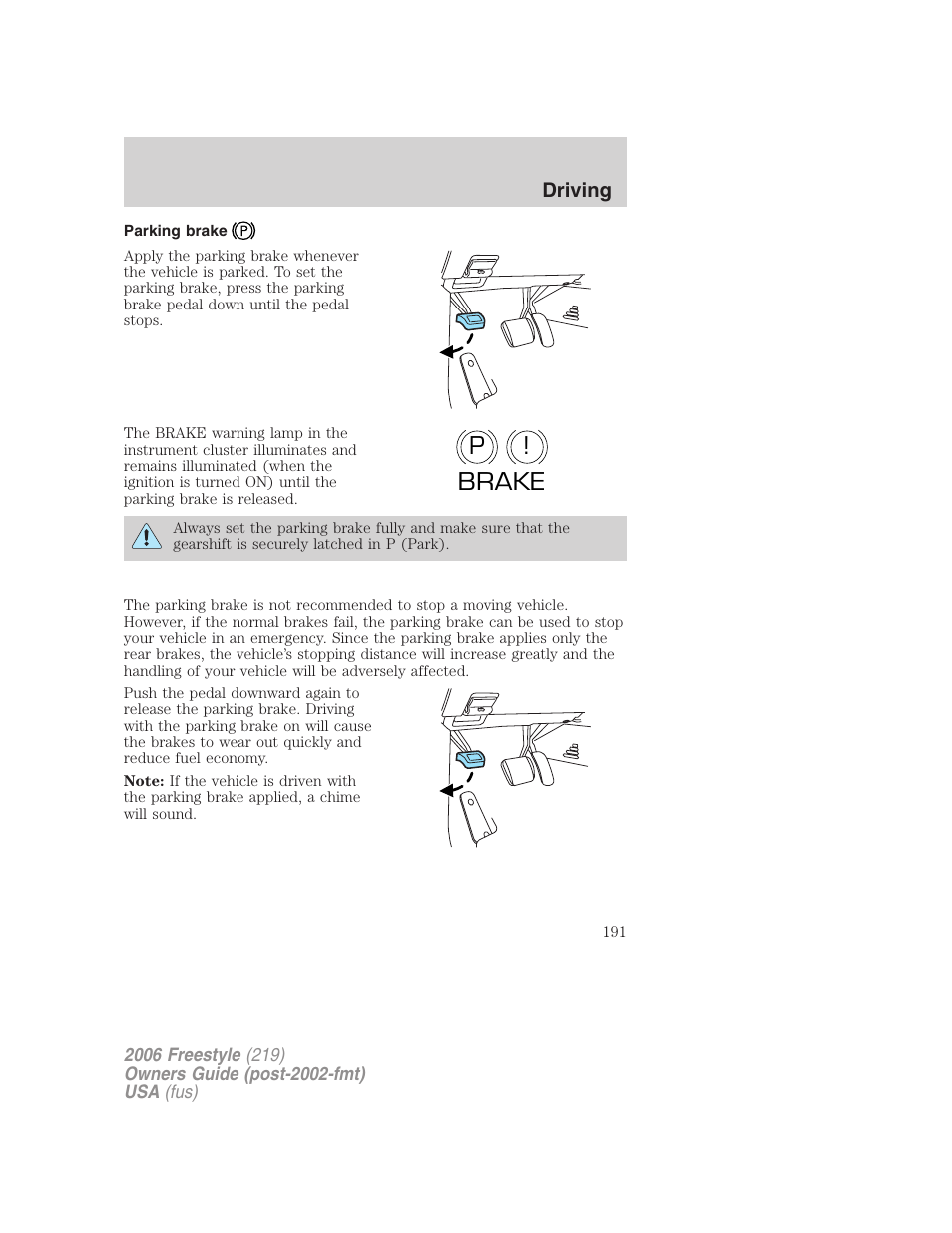 Parking brake, P! brake | FORD 2006 Freestyle v.1 User Manual | Page 191 / 288