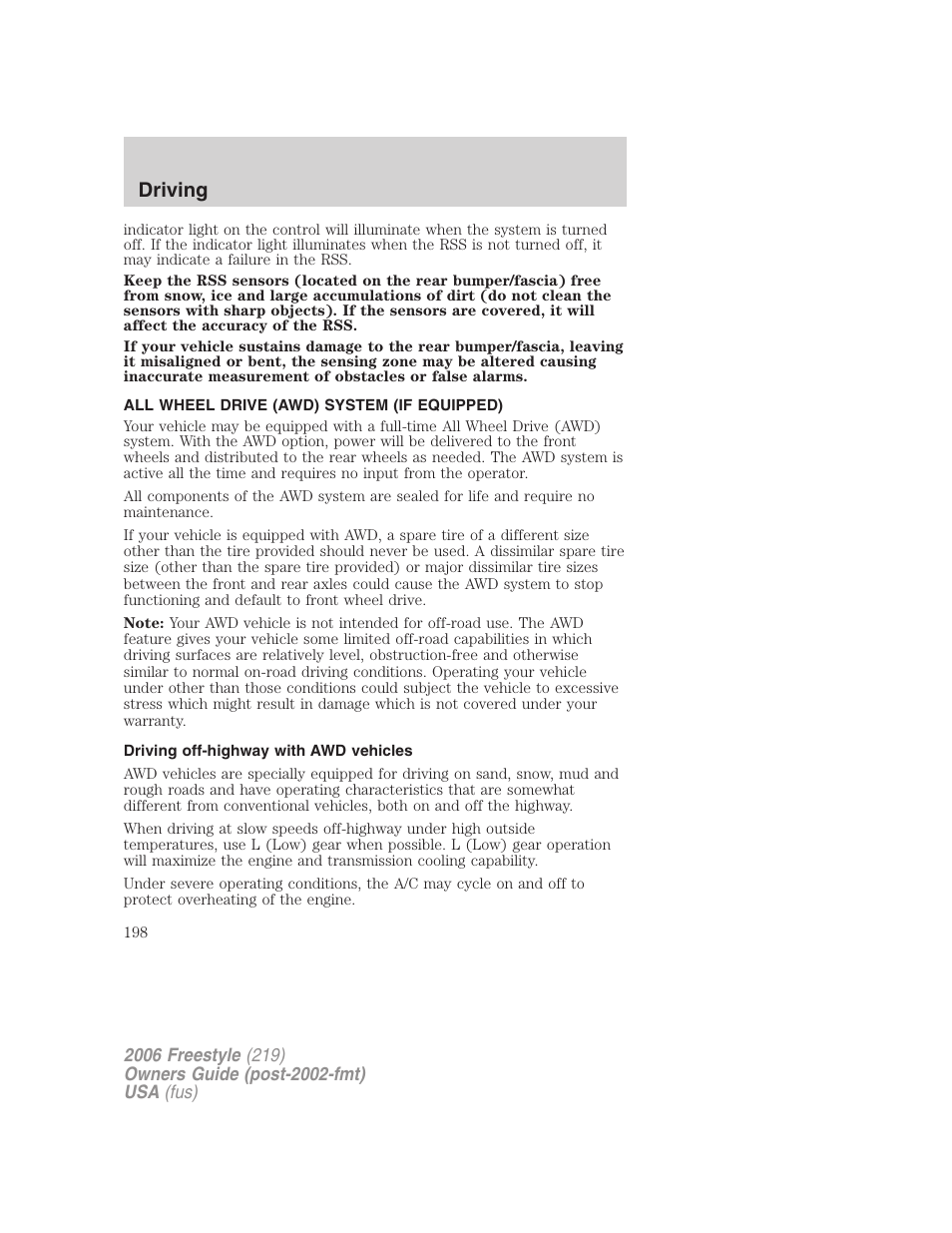 All wheel drive (awd) system (if equipped), Driving off-highway with awd vehicles, Driving | FORD 2006 Freestyle v.1 User Manual | Page 198 / 288