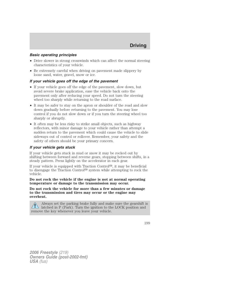 Basic operating principles, If your vehicle goes off the edge of the pavement, If your vehicle gets stuck | Driving | FORD 2006 Freestyle v.1 User Manual | Page 199 / 288