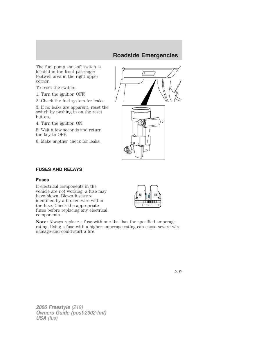 Fuses and relays, Fuses, Roadside emergencies | FORD 2006 Freestyle v.1 User Manual | Page 207 / 288