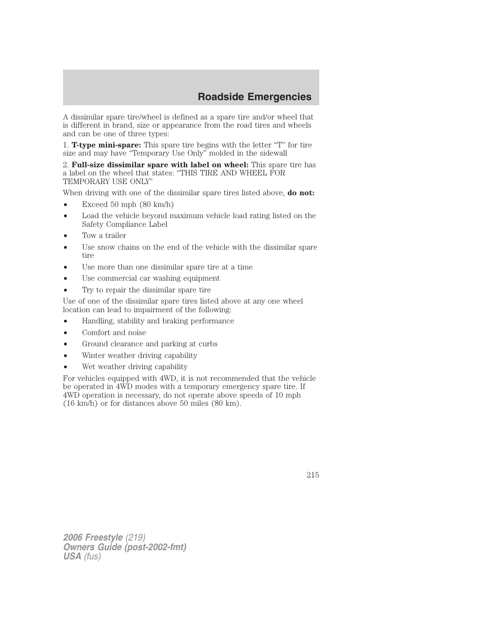 Roadside emergencies | FORD 2006 Freestyle v.1 User Manual | Page 215 / 288